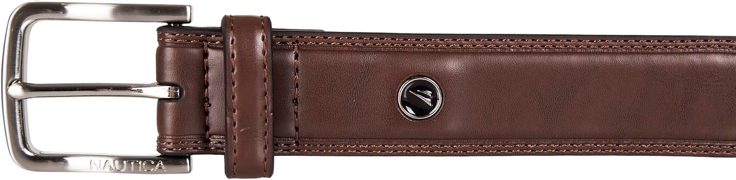 image:imageNautica Mens Dress Leather Belt for Suits and Pants Classic Business Fashion Adjustable Metal BuckleLogo Inlay Double Stitch Brown
