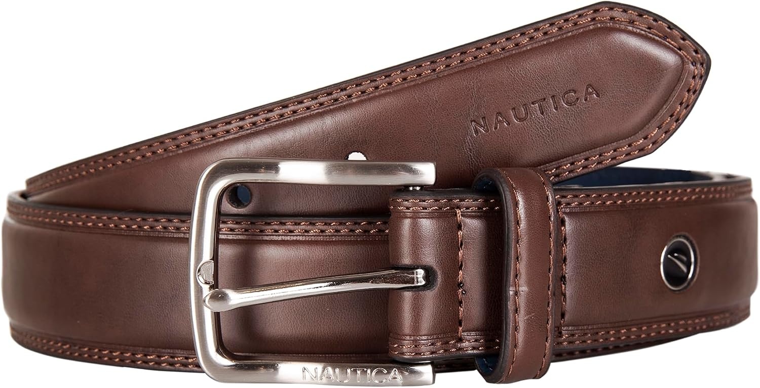 image:imageNautica Mens Dress Leather Belt for Suits and Pants Classic Business Fashion Adjustable Metal BuckleLogo Inlay Double Stitch Brown