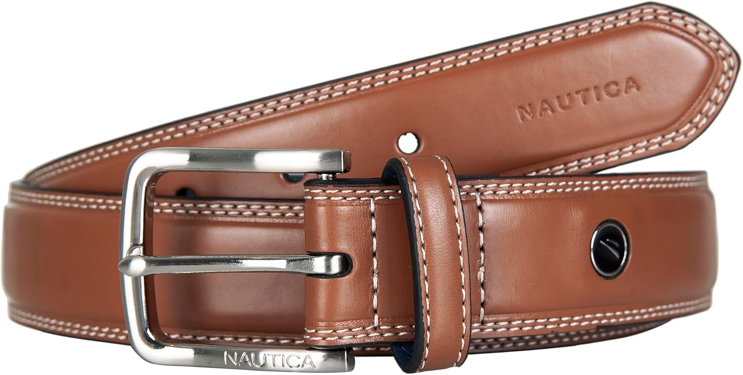 image:imageNautica Mens Dress Leather Belt for Suits and Pants Classic Business Fashion Adjustable Metal BuckleLogo Inlay Double Stitch Cognac