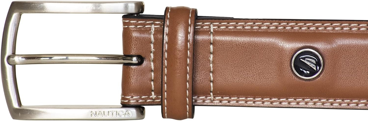 image:imageNautica Mens Dress Leather Belt for Suits and Pants Classic Business Fashion Adjustable Metal BuckleLogo Inlay Double Stitch Cognac