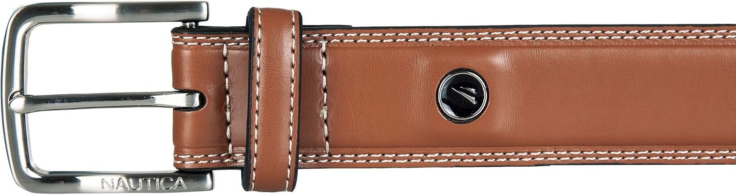 image:imageNautica Mens Dress Leather Belt for Suits and Pants Classic Business Fashion Adjustable Metal BuckleLogo Inlay Double Stitch Cognac