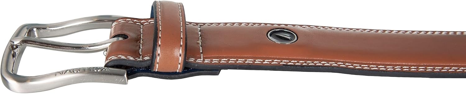 image:imageNautica Mens Dress Leather Belt for Suits and Pants Classic Business Fashion Adjustable Metal BuckleLogo Inlay Double Stitch Cognac