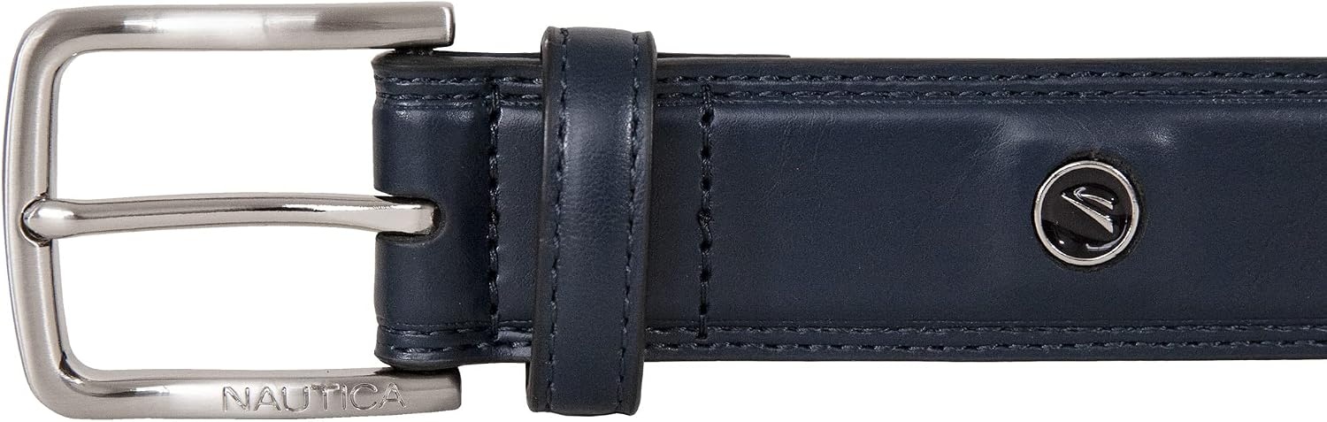 image:imageNautica Mens Dress Leather Belt for Suits and Pants Classic Business Fashion Adjustable Metal BuckleLogo Inlay Double Stitch Navy