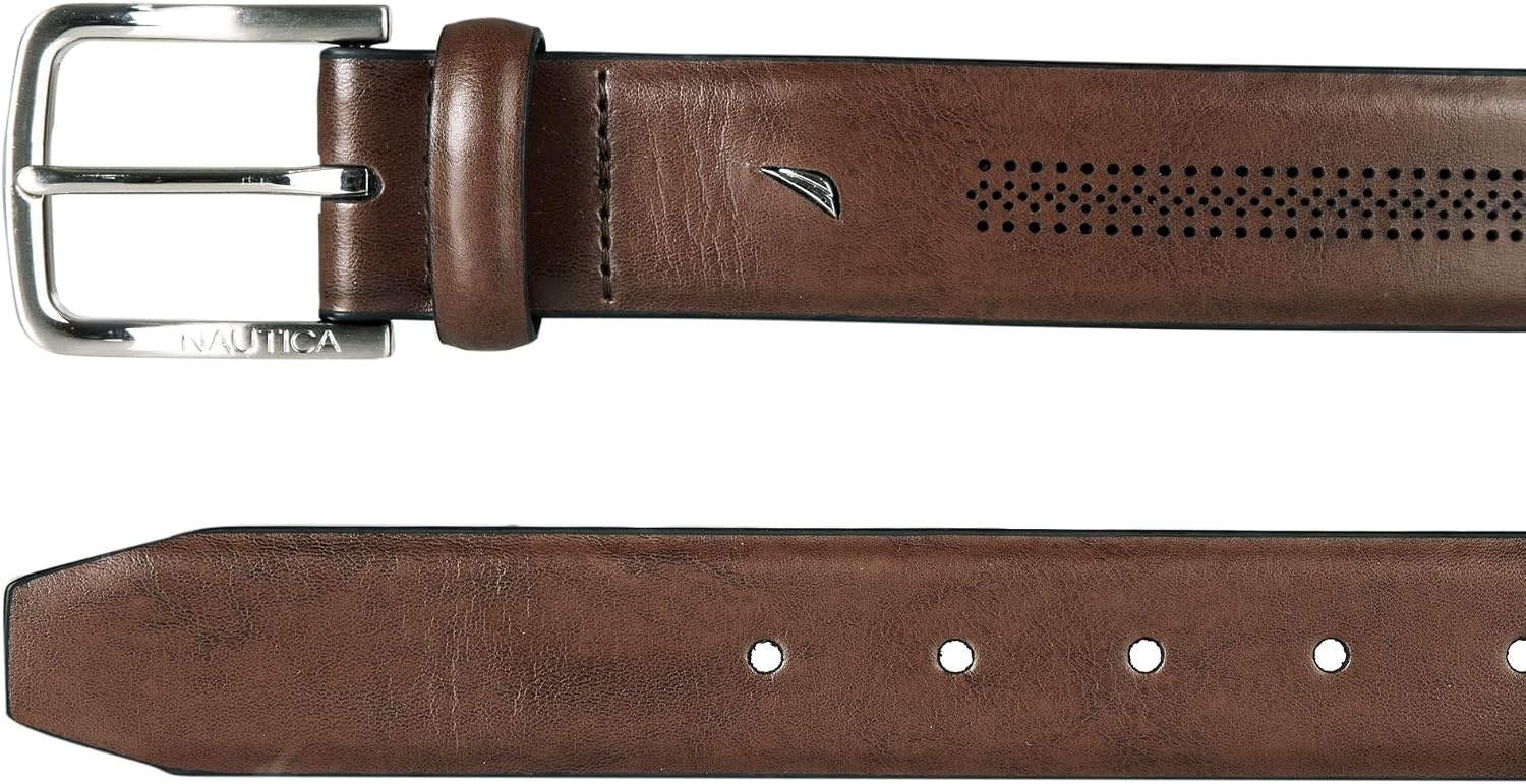 image:imageNautica Mens Dress Leather Belt for Suits and Pants Classic Business Fashion Adjustable Metal BucklePerforated Brown