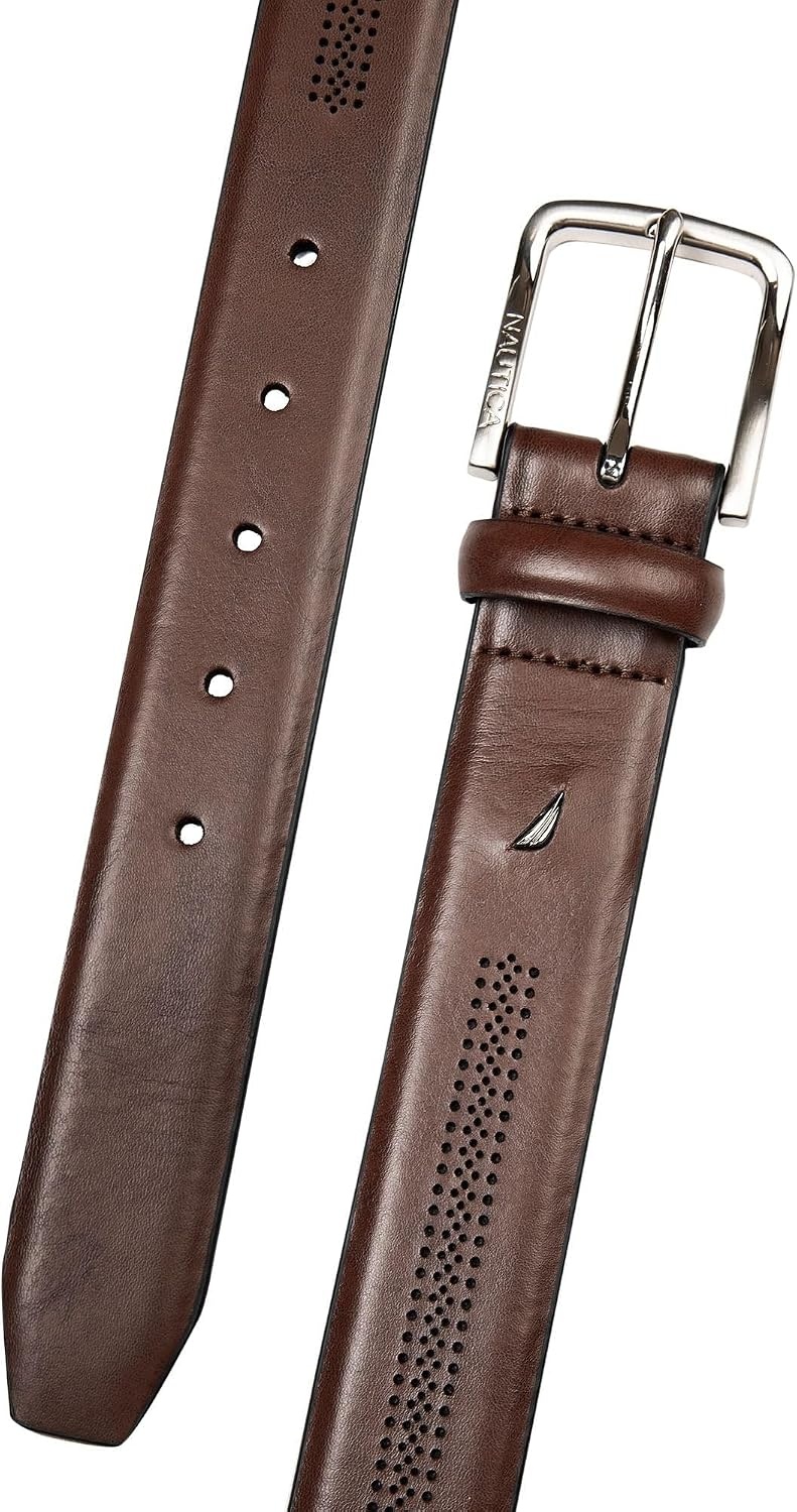 image:imageNautica Mens Dress Leather Belt for Suits and Pants Classic Business Fashion Adjustable Metal BucklePerforated Brown