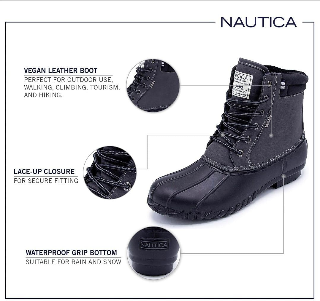 image:imageNautica Mens Duck Boots Waterproof Shell Insulated Snow and Rain Boot LaceUp Winter Shoe Channing Extended Sizes 716CharcoalBlack