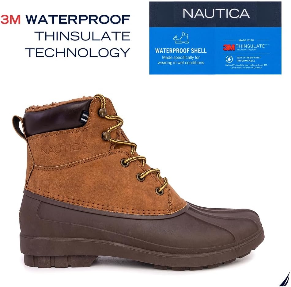 image:imageNautica Mens Duck Boots Waterproof Shell Insulated Snow and Rain Boot LaceUp Winter Shoe Channing Extended Sizes 716Tan Brown X Dazo