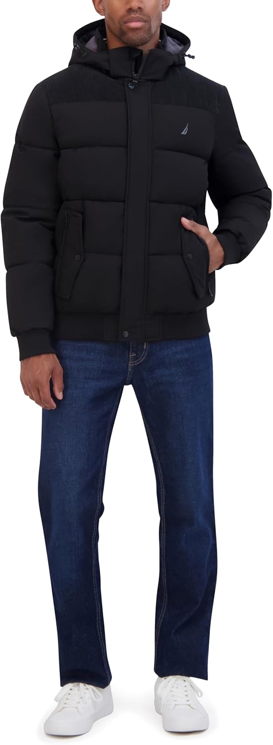 image:imageNautica Mens Lightweight Mix Media Bomber Jacket Mechanical Stretch WaterResistant CoatBlack