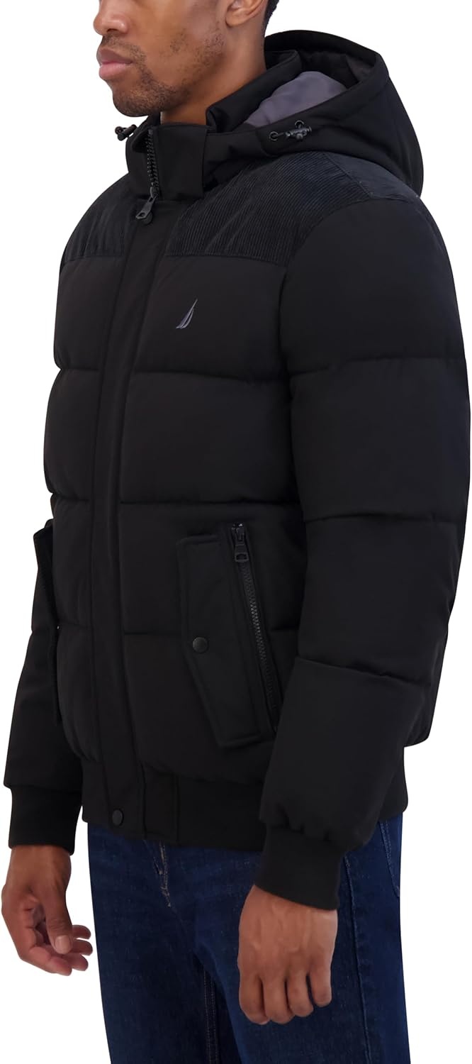 image:imageNautica Mens Lightweight Mix Media Bomber Jacket Mechanical Stretch WaterResistant CoatBlack