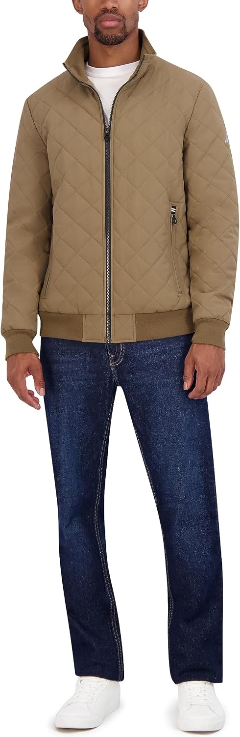 image:imageNautica Mens Lightweight Quilted Bomber Jacket Mechanical Stretch Wind amp WaterresistantOtter
