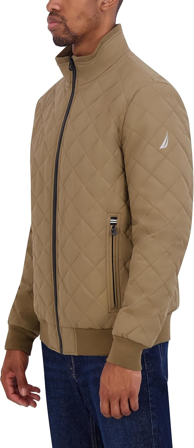 image:imageNautica Mens Lightweight Quilted Bomber Jacket Mechanical Stretch Wind amp WaterresistantOtter