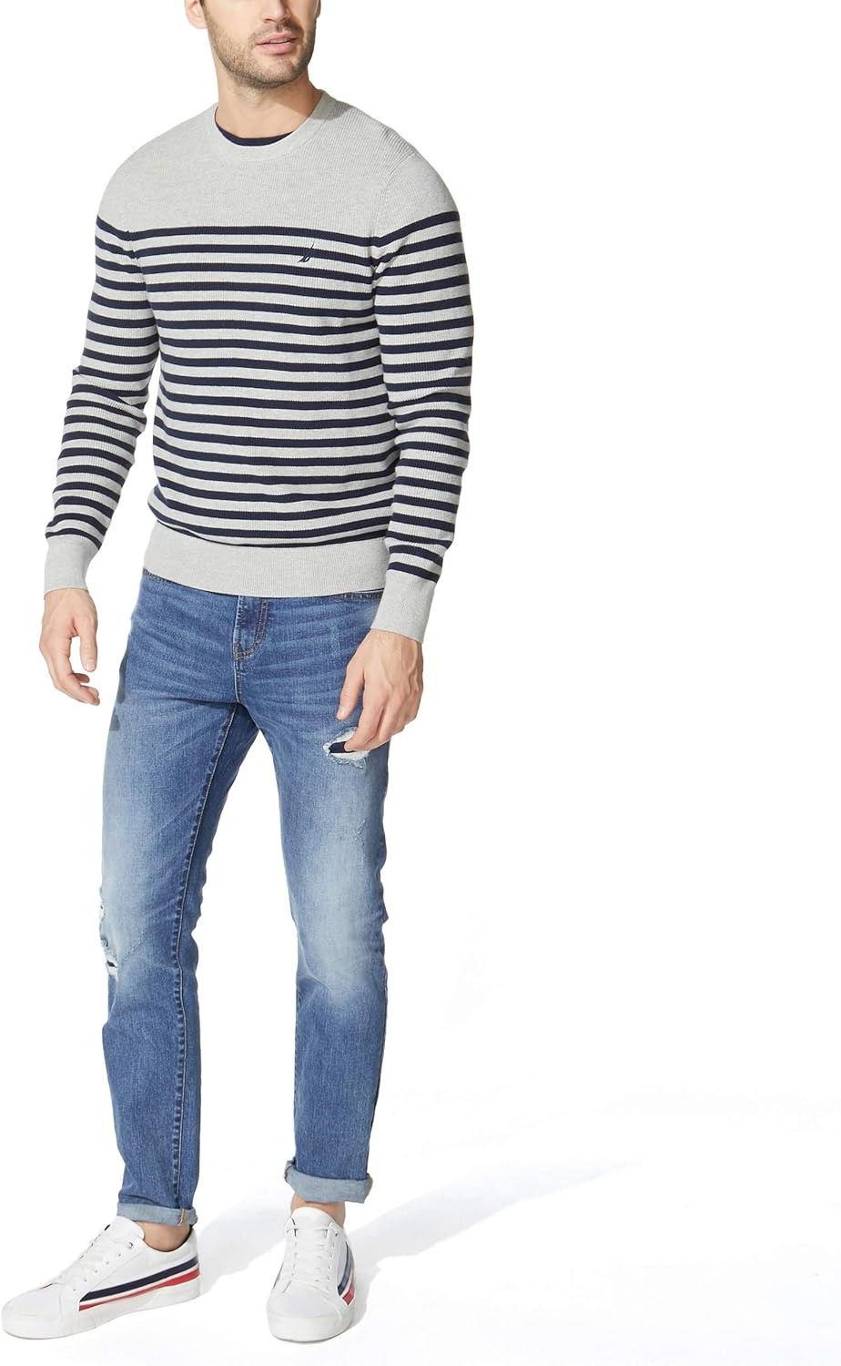 image:imageNautica Mens Mens Stripe Knit SweaterGrey Heather