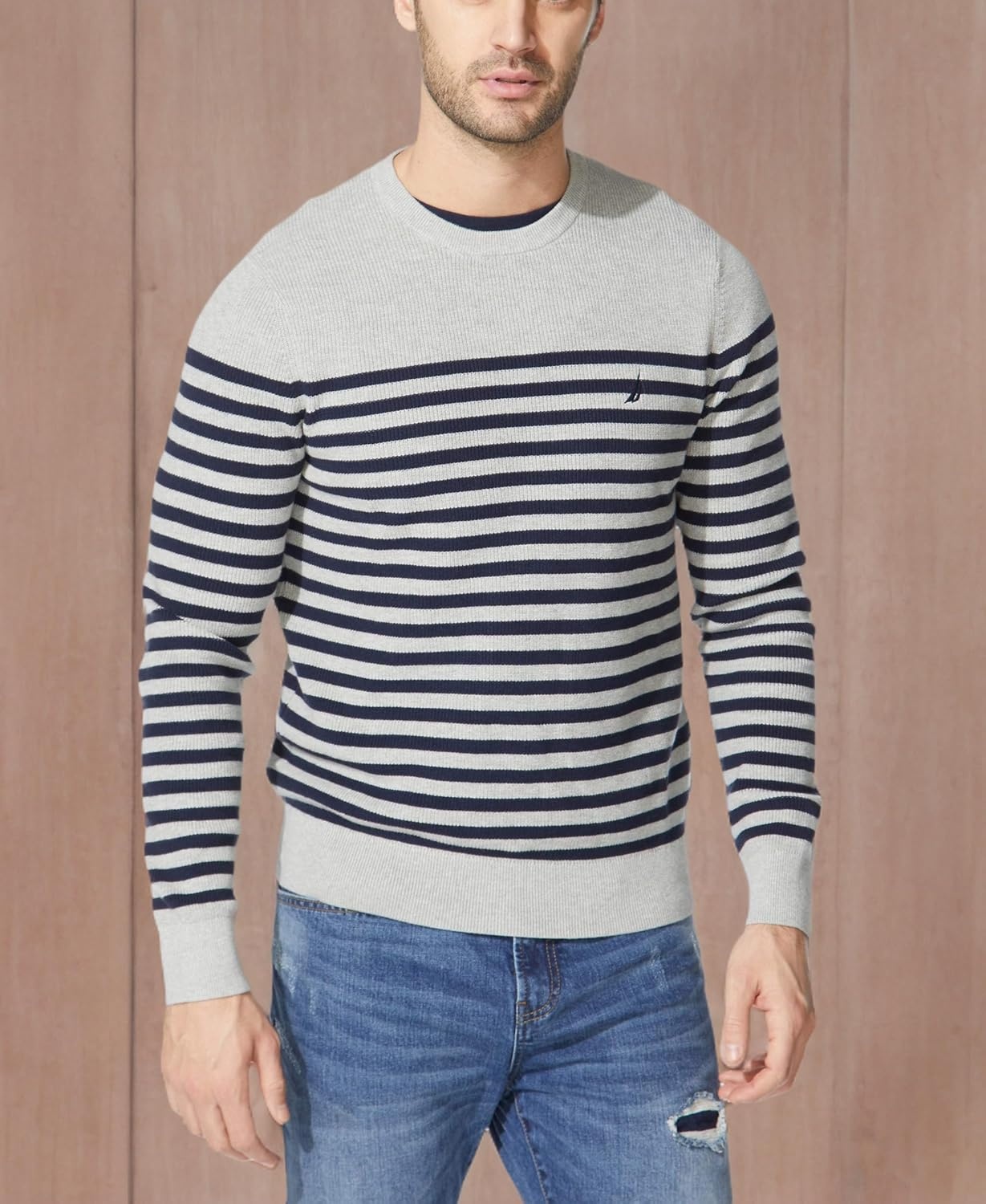 image:imageNautica Mens Mens Stripe Knit SweaterGrey Heather
