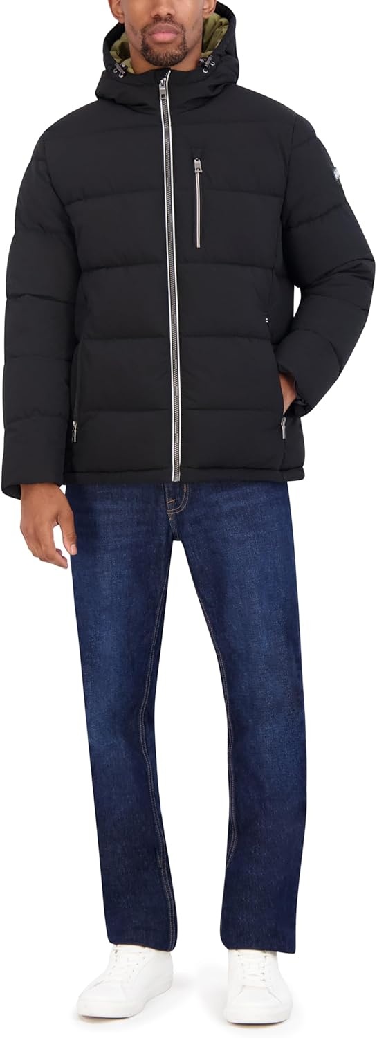 image:imageNautica Mens Midweight Faux Memory Puffer Jacket Adjustable Hood Insulated Quilted Winter CoatBlack Ink