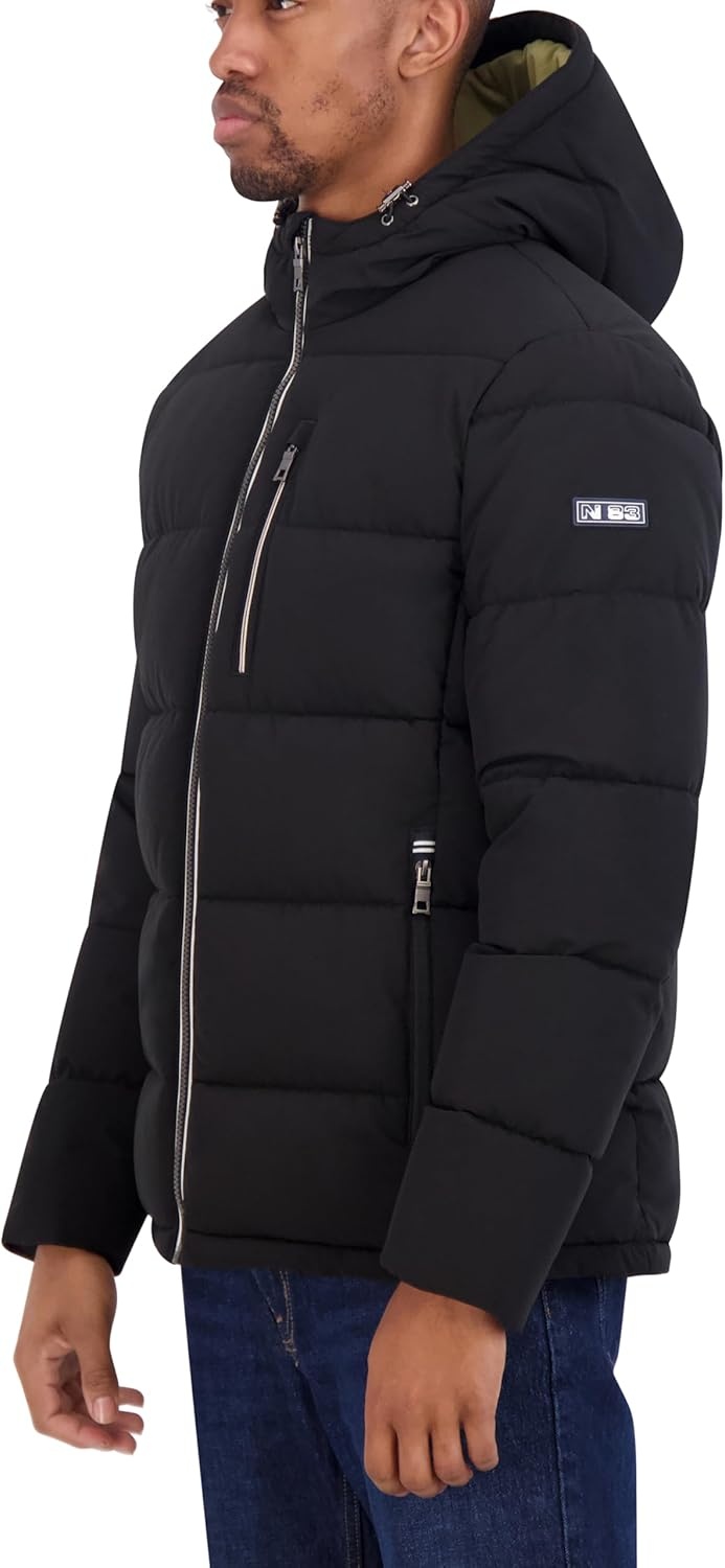 image:imageNautica Mens Midweight Faux Memory Puffer Jacket Adjustable Hood Insulated Quilted Winter CoatBlack Ink