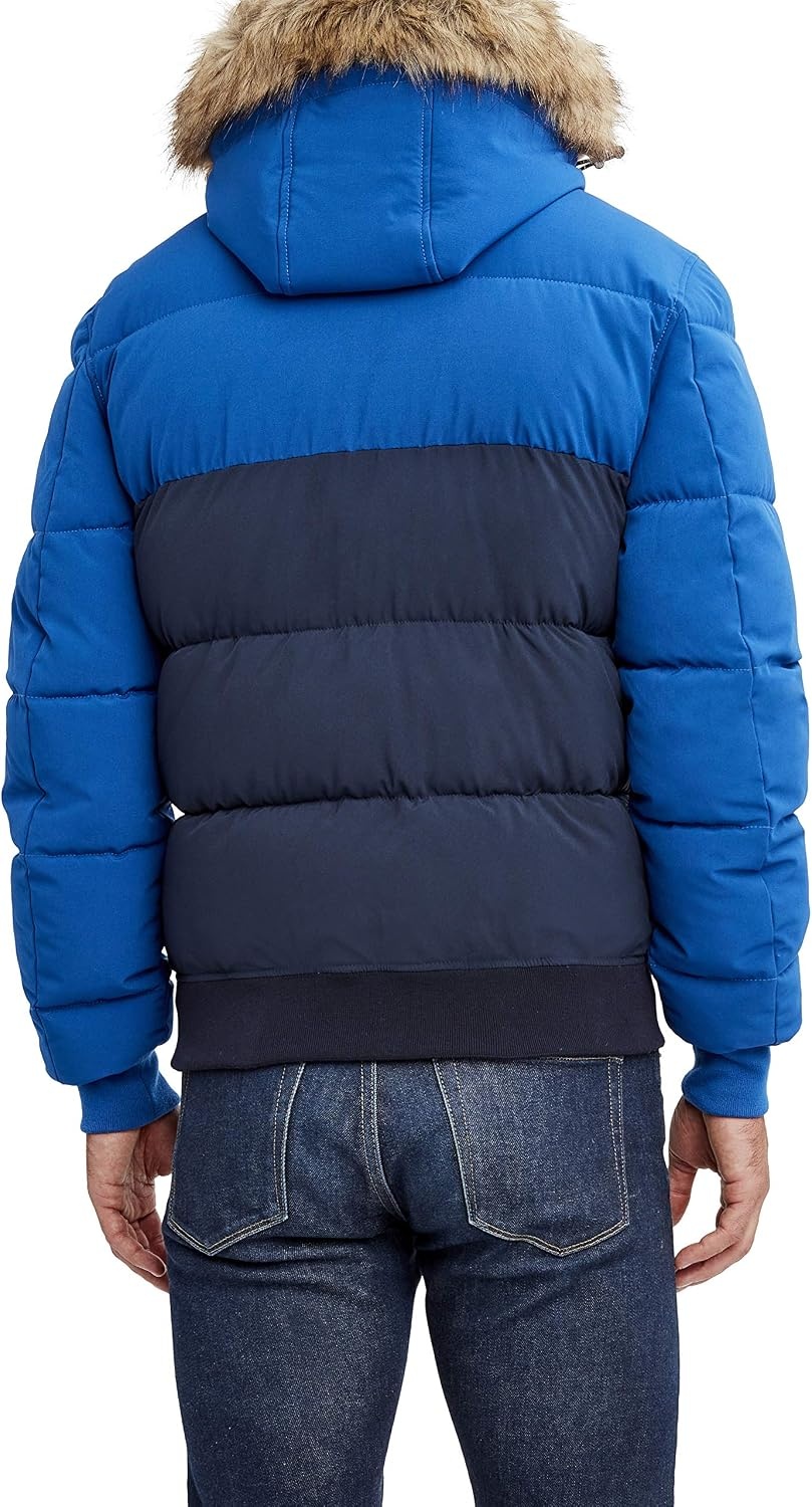 image:imageNautica Mens Midweight Faux Memory Puffer Jacket Adjustable Hood Insulated Quilted Winter CoatBluNvy