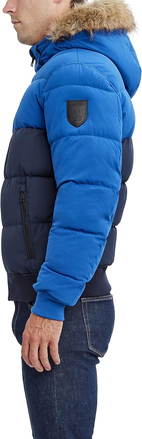 image:imageNautica Mens Midweight Faux Memory Puffer Jacket Adjustable Hood Insulated Quilted Winter CoatBluNvy