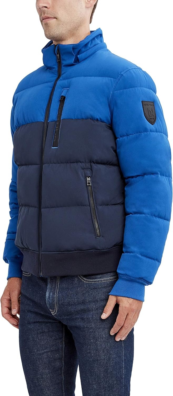 image:imageNautica Mens Midweight Faux Memory Puffer Jacket Adjustable Hood Insulated Quilted Winter CoatBluNvy