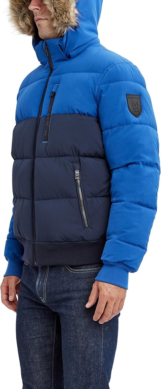 image:imageNautica Mens Midweight Faux Memory Puffer Jacket Adjustable Hood Insulated Quilted Winter CoatBluNvy