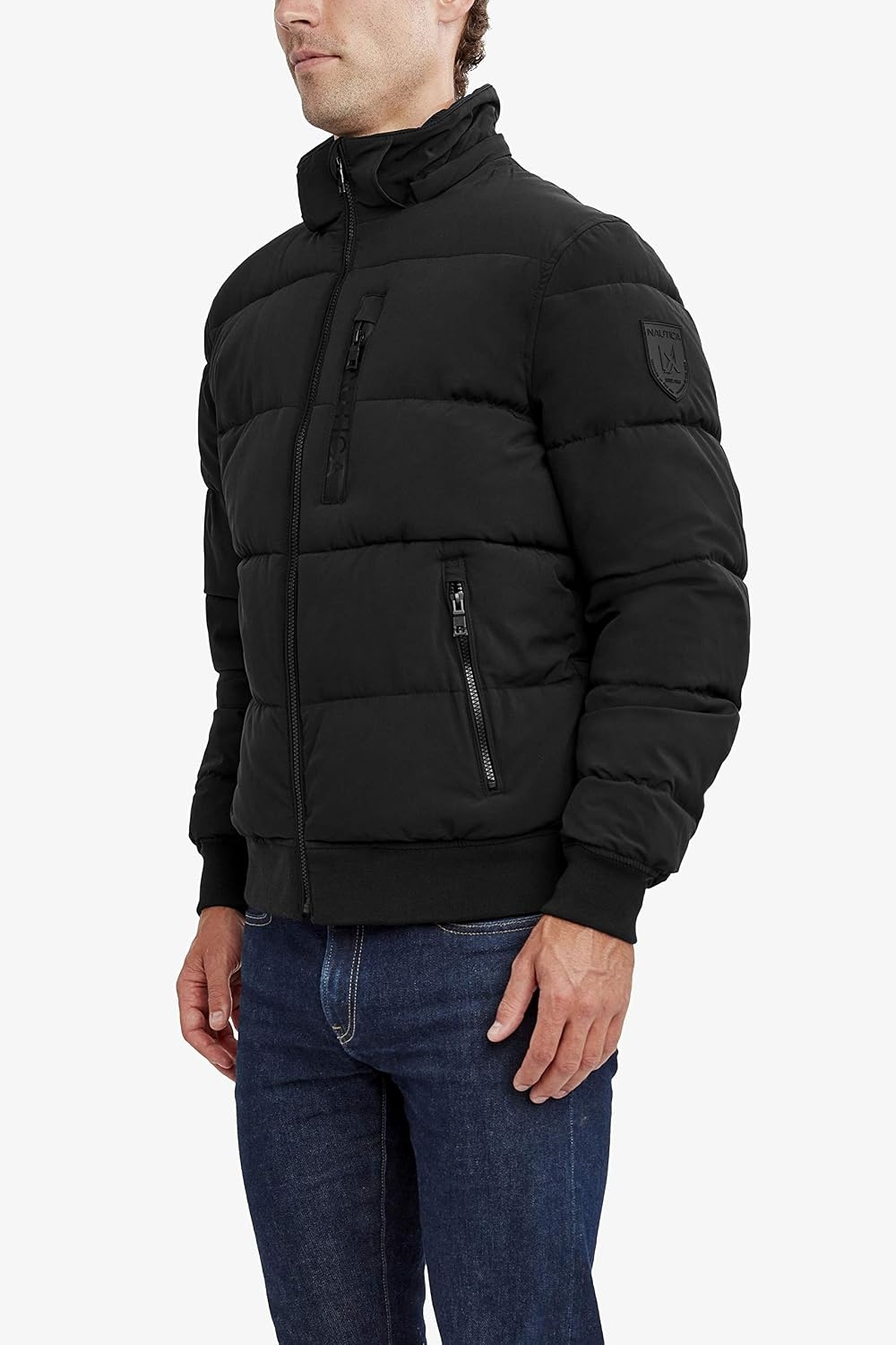 image:imageNautica Mens Midweight Faux Memory Puffer Jacket Adjustable Hood Insulated Quilted Winter CoatCaviar