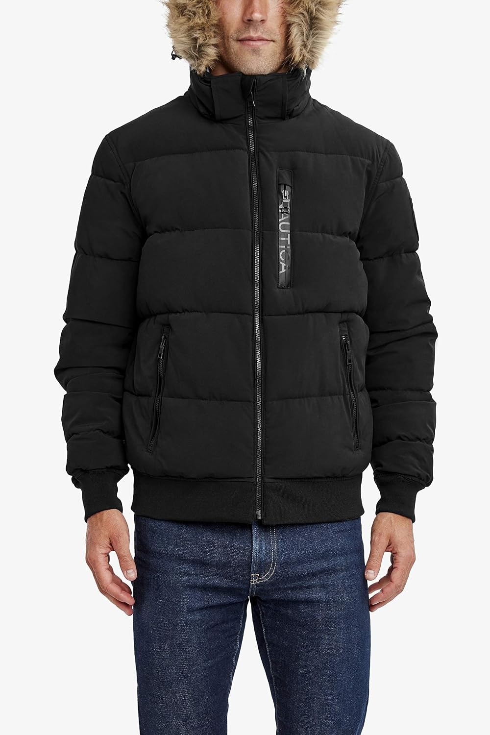 image:imageNautica Mens Midweight Faux Memory Puffer Jacket Adjustable Hood Insulated Quilted Winter CoatCaviar
