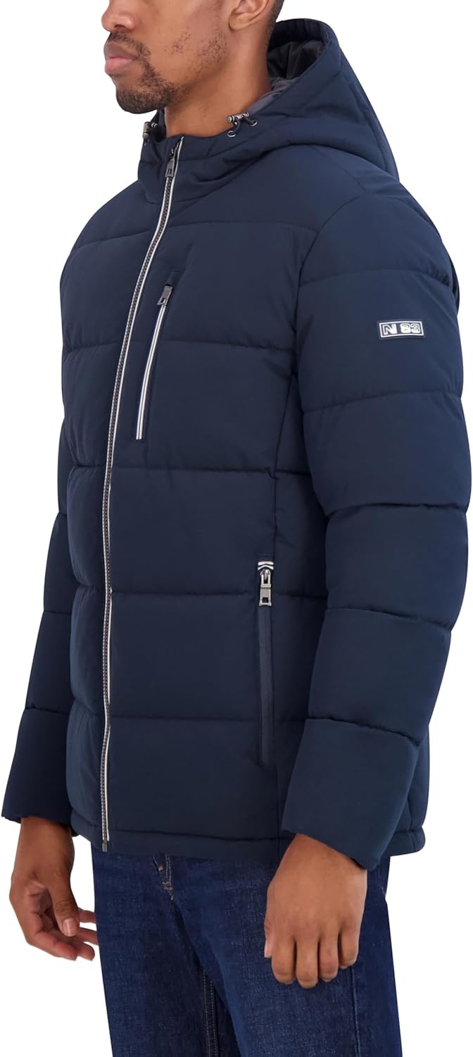 image:imageNautica Mens Midweight Faux Memory Puffer Jacket Adjustable Hood Insulated Quilted Winter CoatDeep Seas
