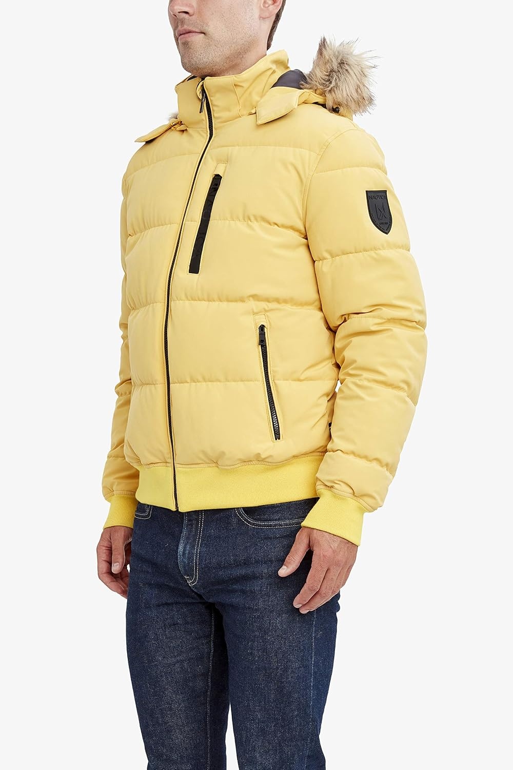 image:imageNautica Mens Midweight Faux Memory Puffer Jacket Adjustable Hood Insulated Quilted Winter CoatMustard