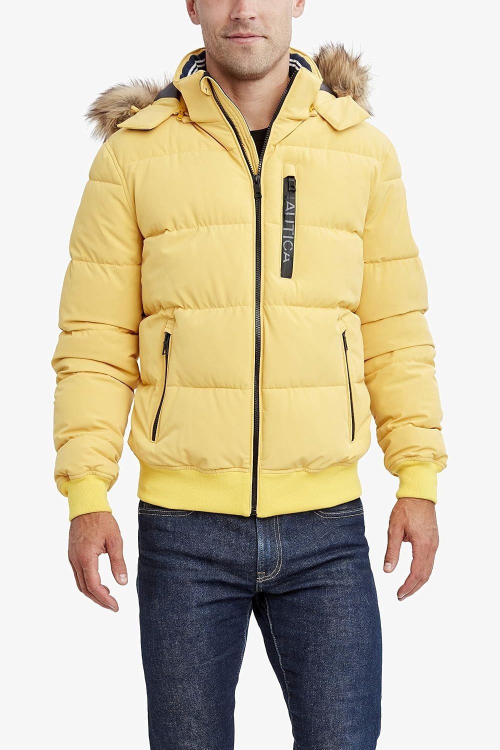 image:imageNautica Mens Midweight Faux Memory Puffer Jacket Adjustable Hood Insulated Quilted Winter CoatMustard