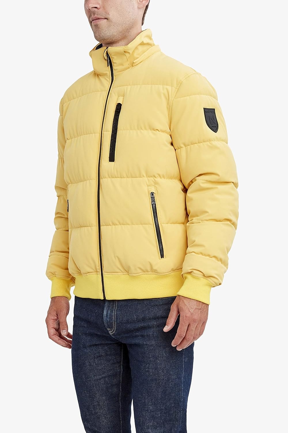 image:imageNautica Mens Midweight Faux Memory Puffer Jacket Adjustable Hood Insulated Quilted Winter CoatMustard