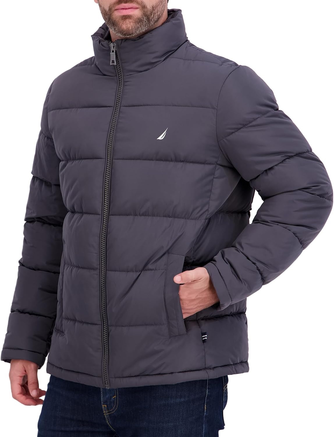 image:imageNautica Mens Midweight Puffer Jacket with Bib Insert Fleece Collar Insulated Winter CoatMetal Grey
