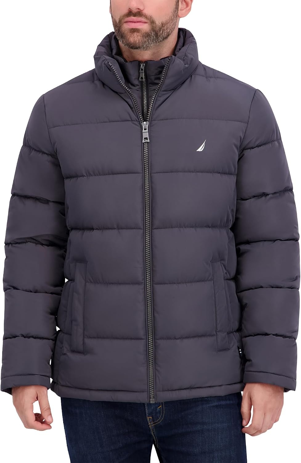 image:imageNautica Mens Midweight Puffer Jacket with Bib Insert Fleece Collar Insulated Winter CoatMetal Grey