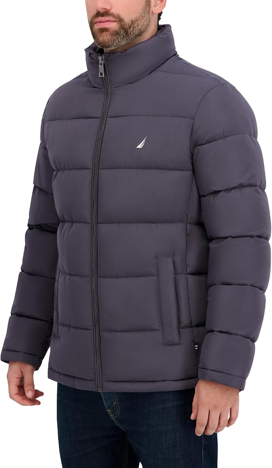 image:imageNautica Mens Midweight Puffer Jacket with Bib Insert Fleece Collar Insulated Winter CoatMetal Grey