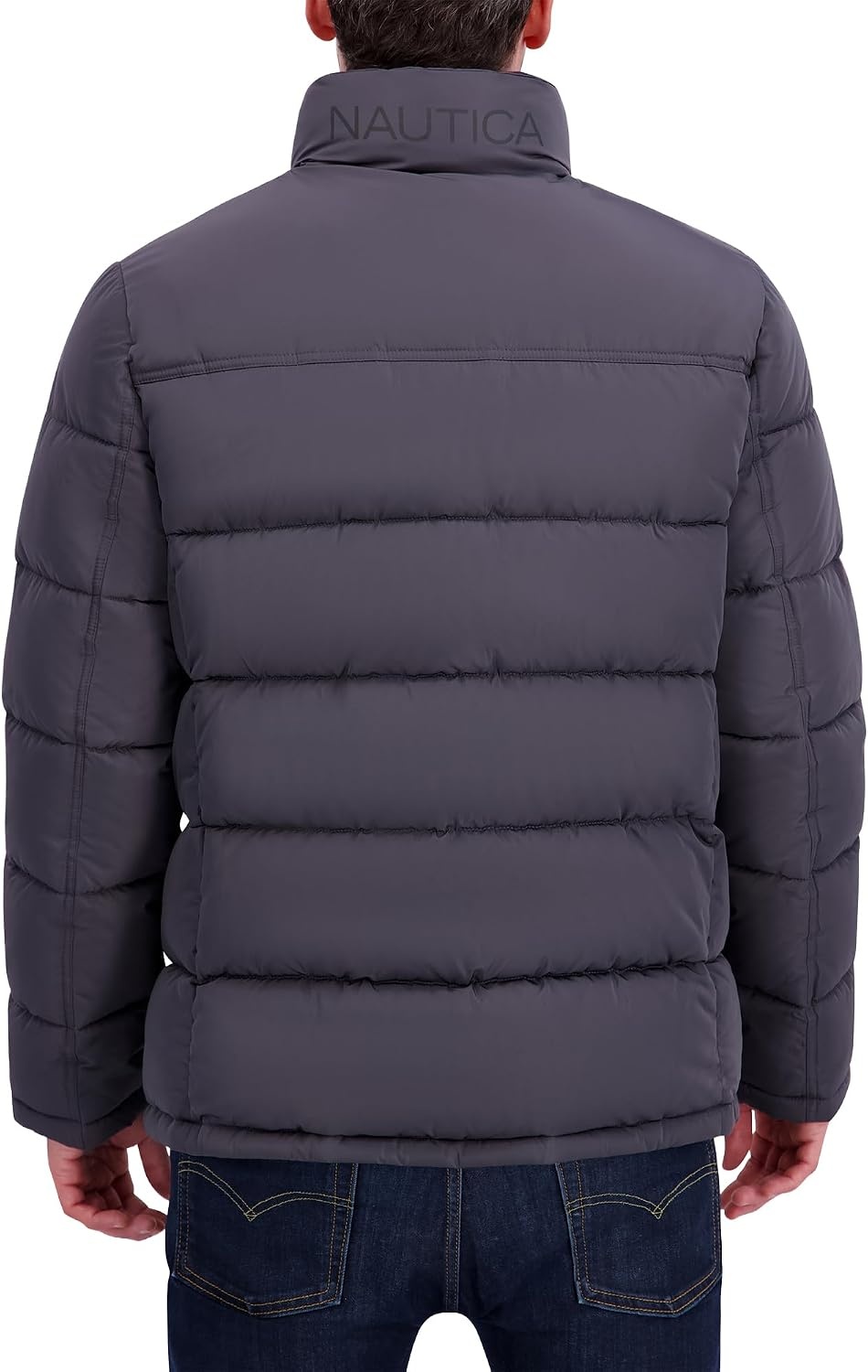 image:imageNautica Mens Midweight Puffer Jacket with Bib Insert Fleece Collar Insulated Winter CoatMetal Grey