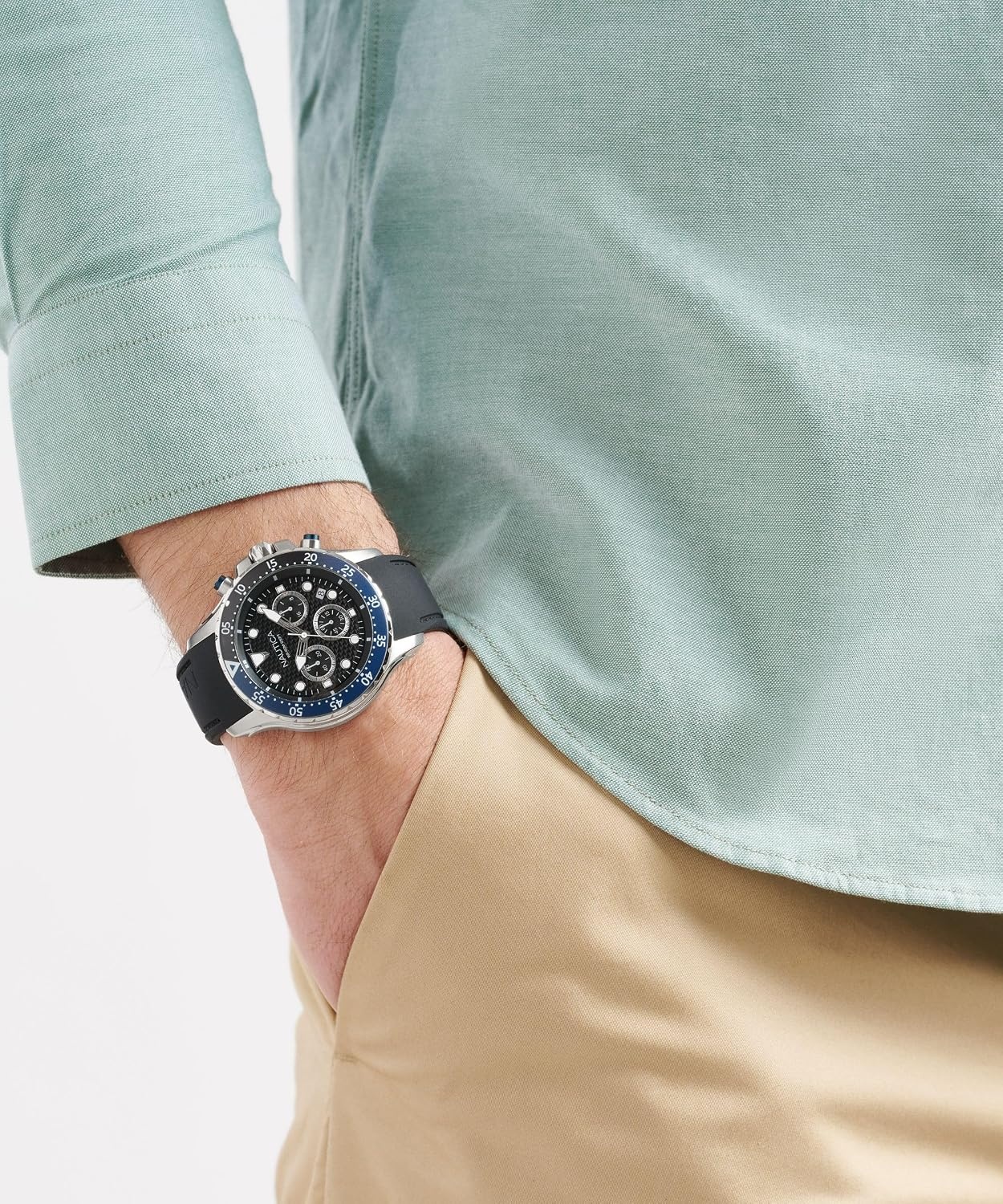 image:imageNautica Mens NST Chronograph 44mm WatchBlackBlueBlackSilver