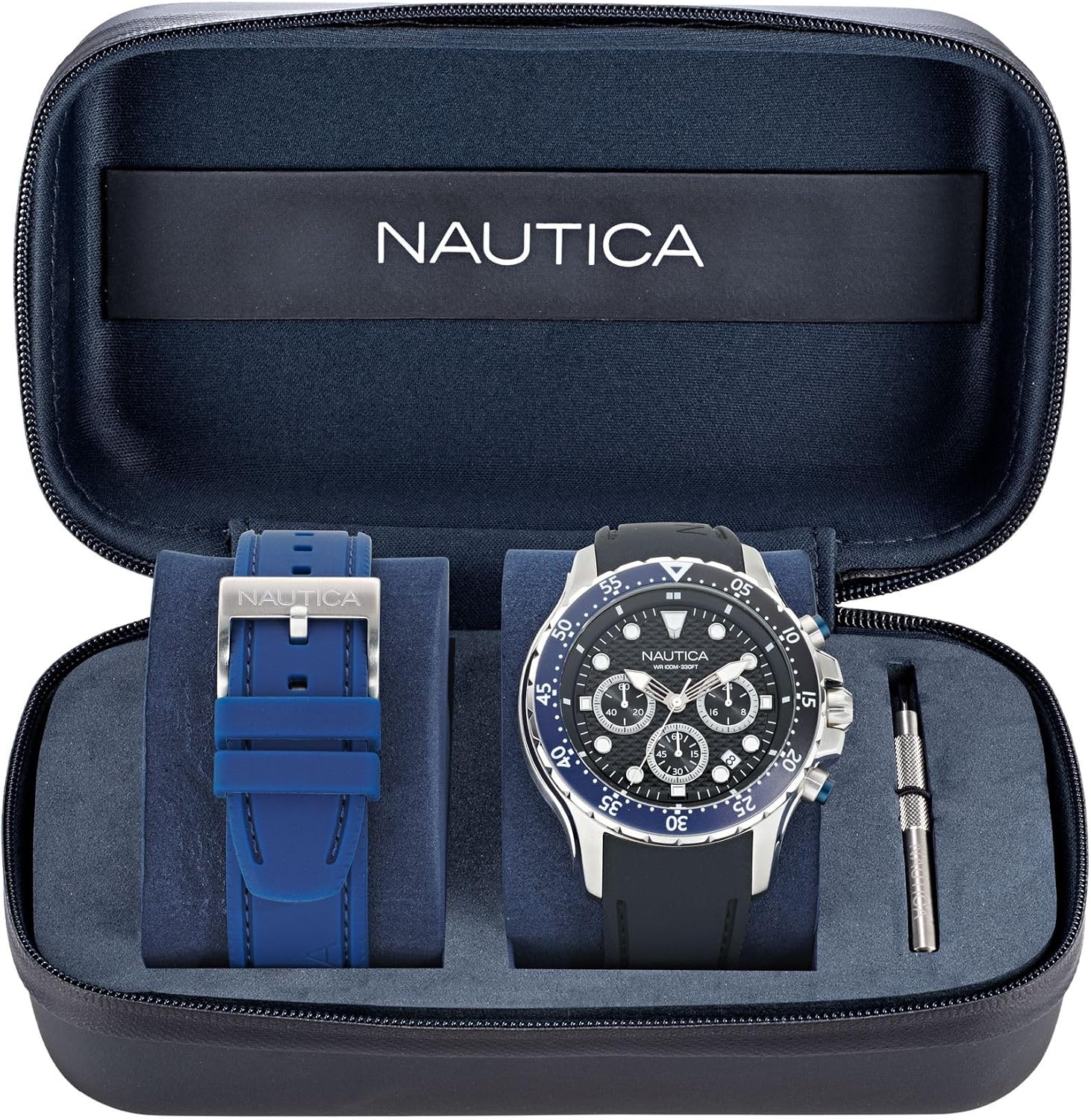 image:imageNautica Mens NST Chronograph 44mm WatchBlackBlueBlackSilver