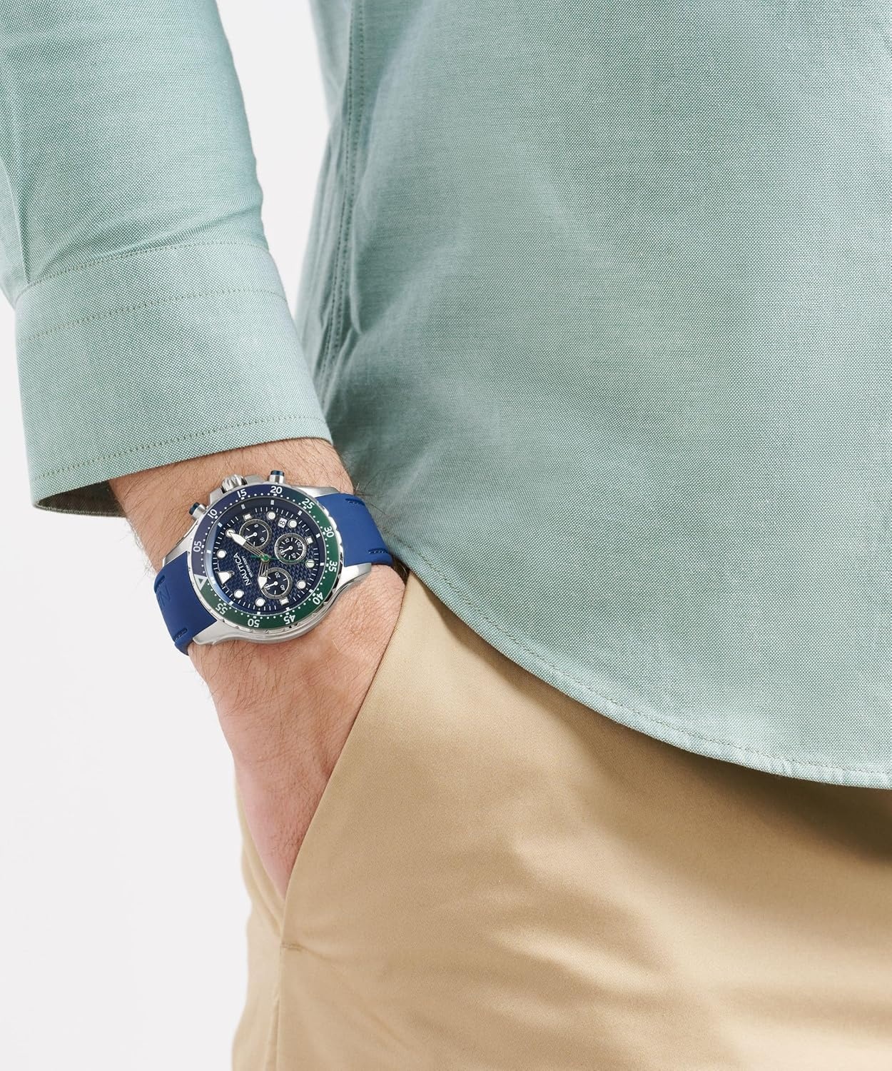 image:imageNautica Mens NST Chronograph 44mm WatchBlueBlueGreenSilver