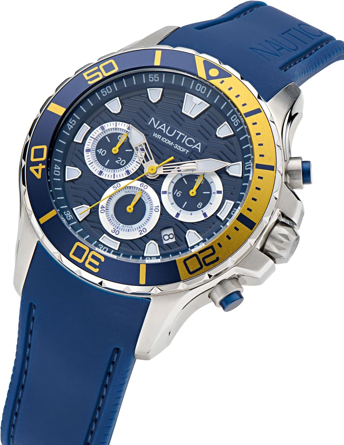image:imageNautica Mens NST Chronograph 44mm WatchBlueBlueYellowSilver