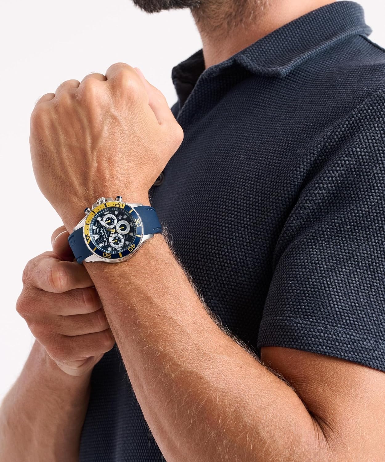 image:imageNautica Mens NST Chronograph 44mm WatchBlueBlueYellowSilver
