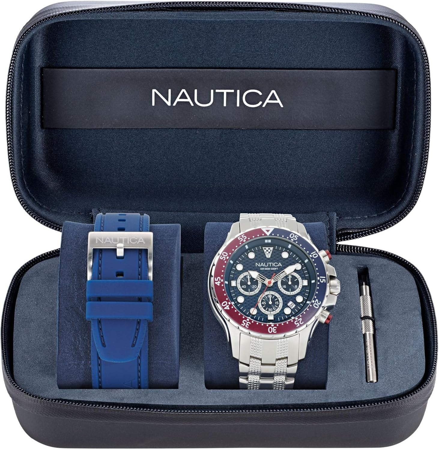image:imageNautica Mens NST Chronograph 44mm WatchSilverBlueBlueSilver