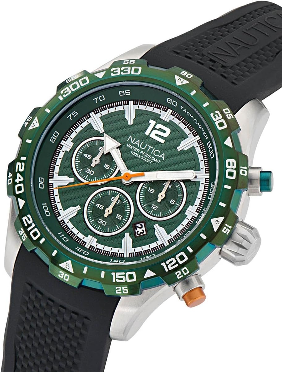 image:imageNautica Mens NST Chronograph 46mm WatchBlackGreenSilver