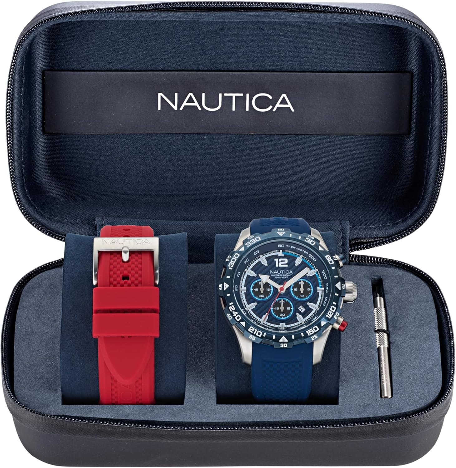 image:imageNautica Mens NST Chronograph 46mm WatchBlueredBlueSilver