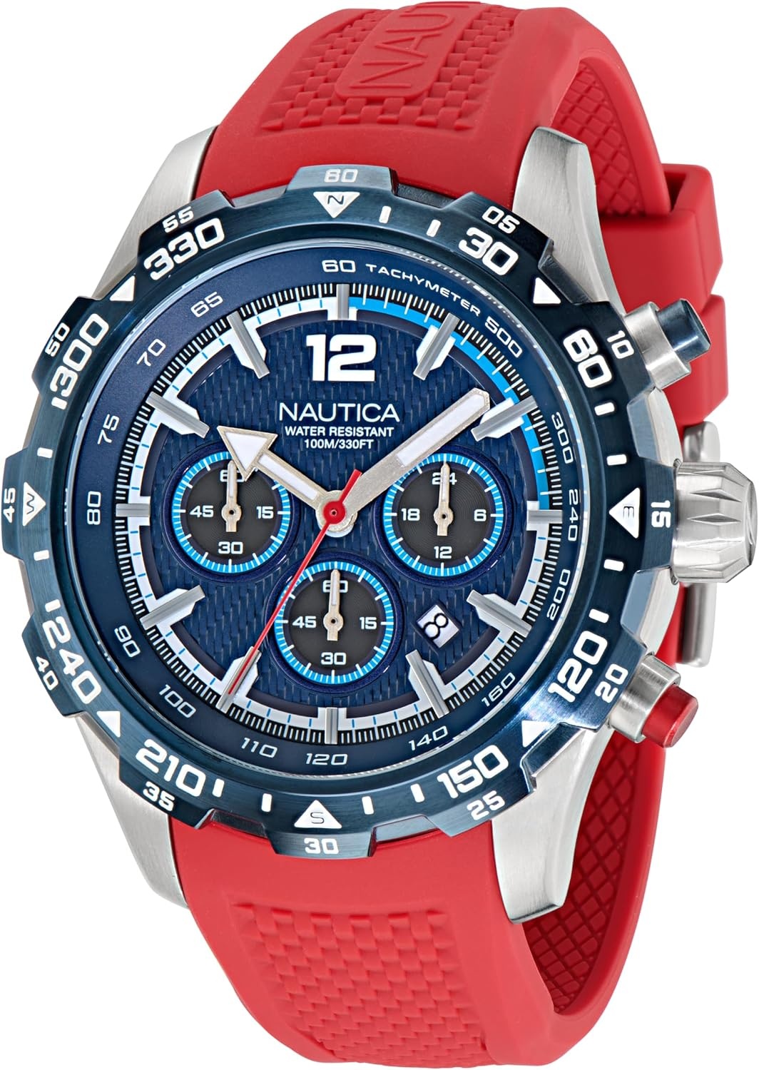 image:imageNautica Mens NST Chronograph 46mm WatchBlueredBlueSilver