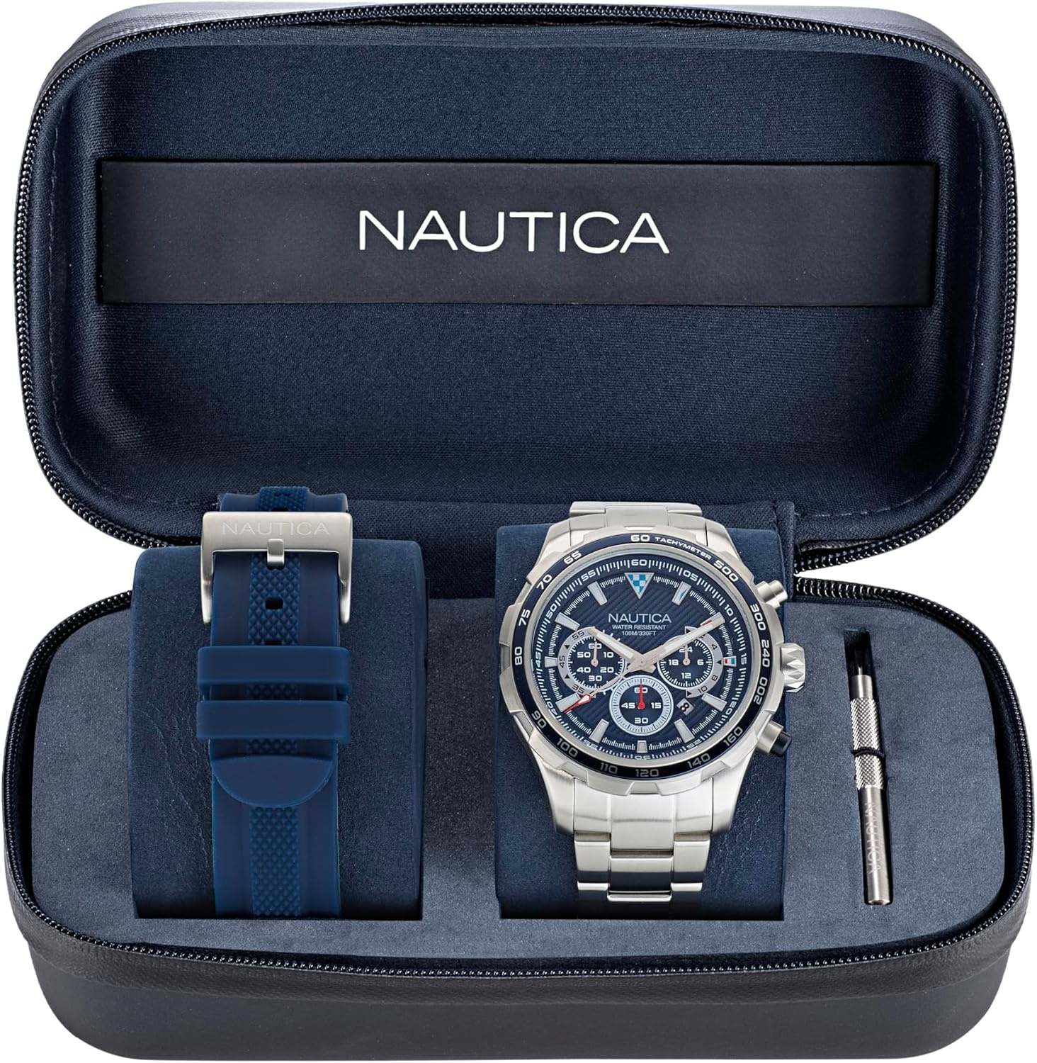 image:imageNautica Mens NST Chronograph 46mm WatchSilverBlueBlueSilver