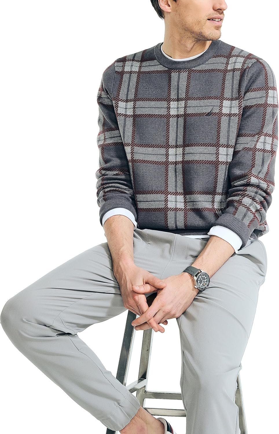image:imageNautica Mens Nautica Navtech Plaid Jacquard Crewneck SweaterCarbon