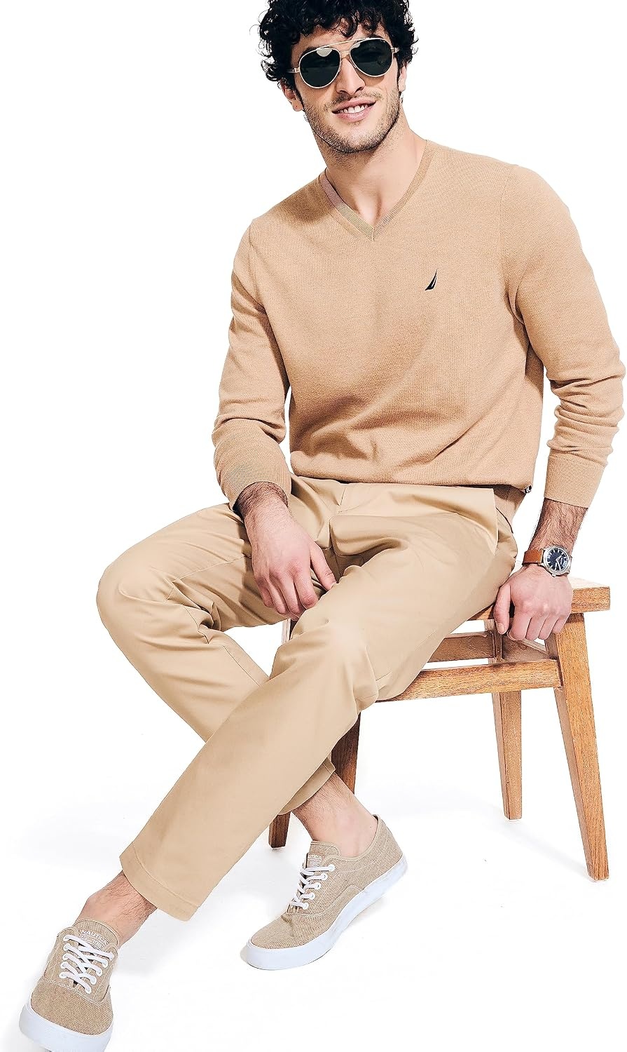 image:imageNautica Mens Nautica Navtech VNeck SweaterCoastal Camel Heather