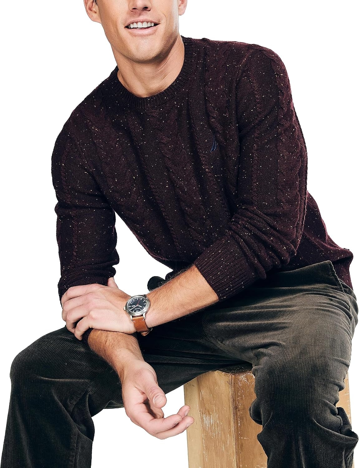 image:imageNautica Mens Nautica Sustainably Crafted CableKnit Crewneck SweaterShipwreck Burgundy