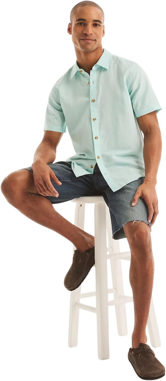 image:imageNautica Mens Nautica Sustainably Crafted Linen ShortSleeve ShirtSea Water Blue