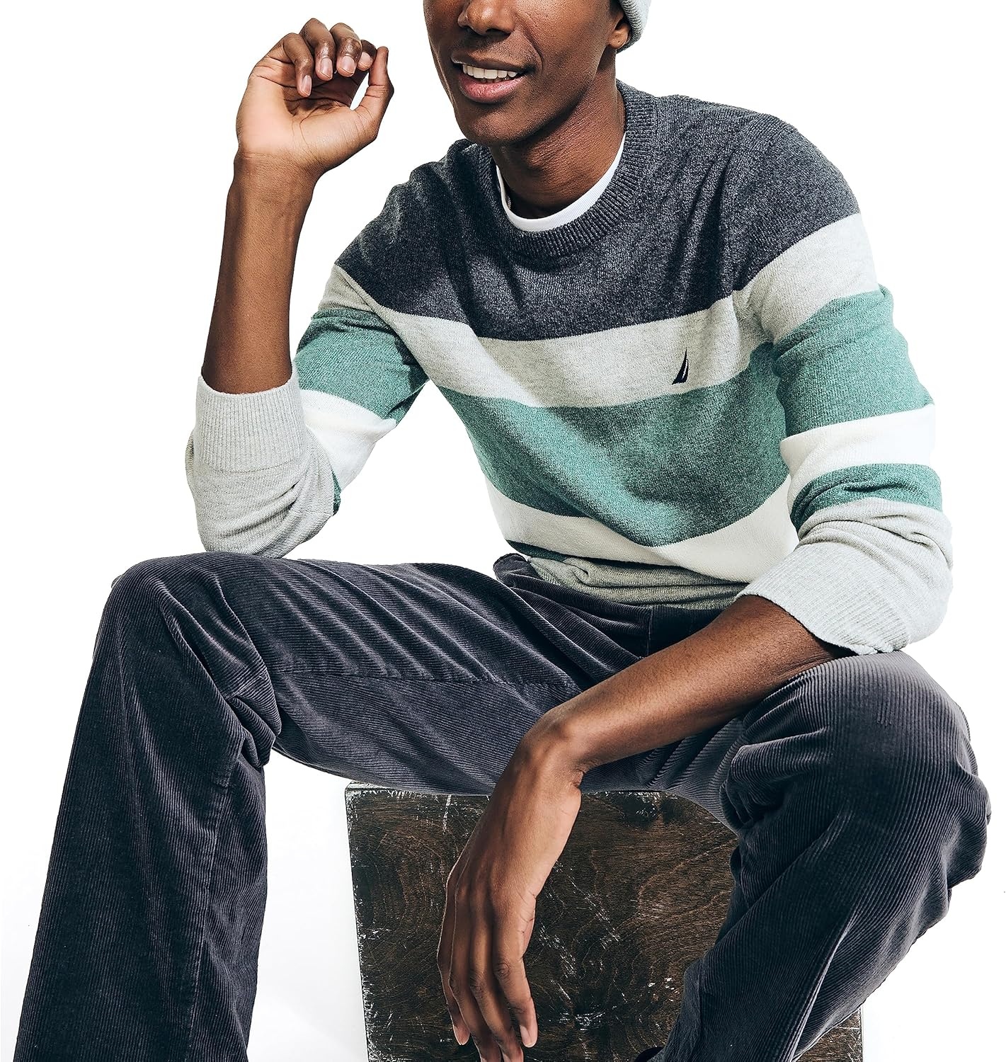 image:imageNautica Mens Nautica Sustainably Crafted Striped Textured Crewneck SweaterGrey Heather