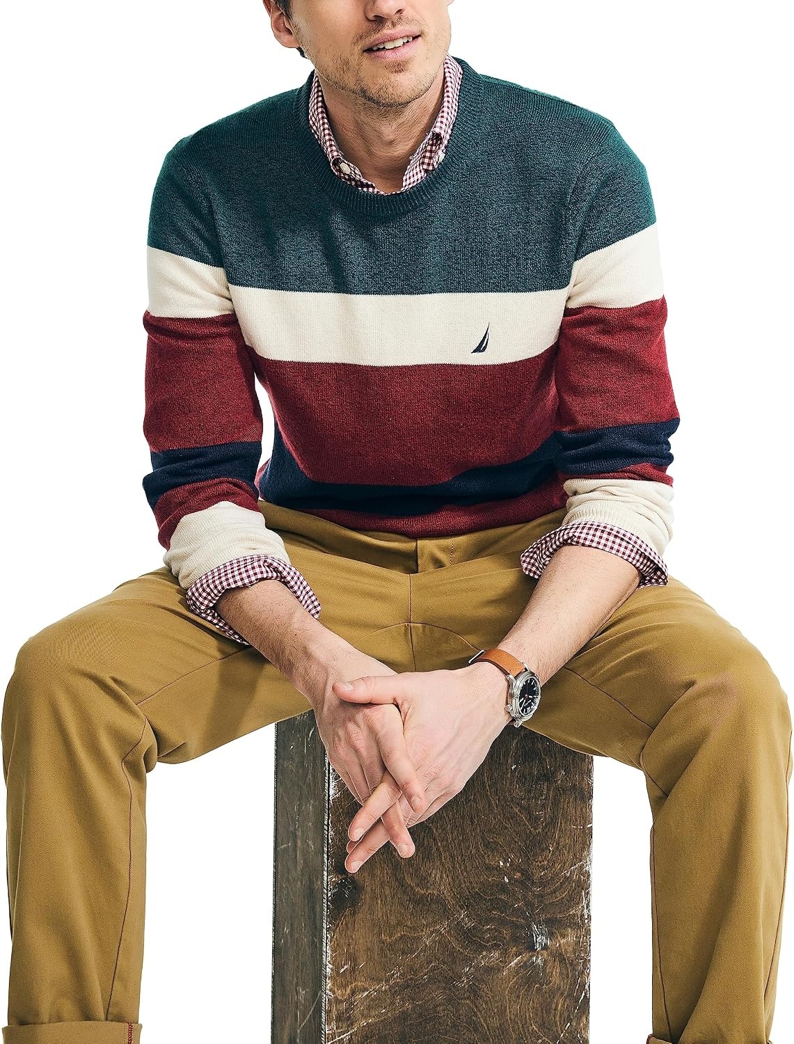image:imageNautica Mens Nautica Sustainably Crafted Striped Textured Crewneck SweaterNautica Tan