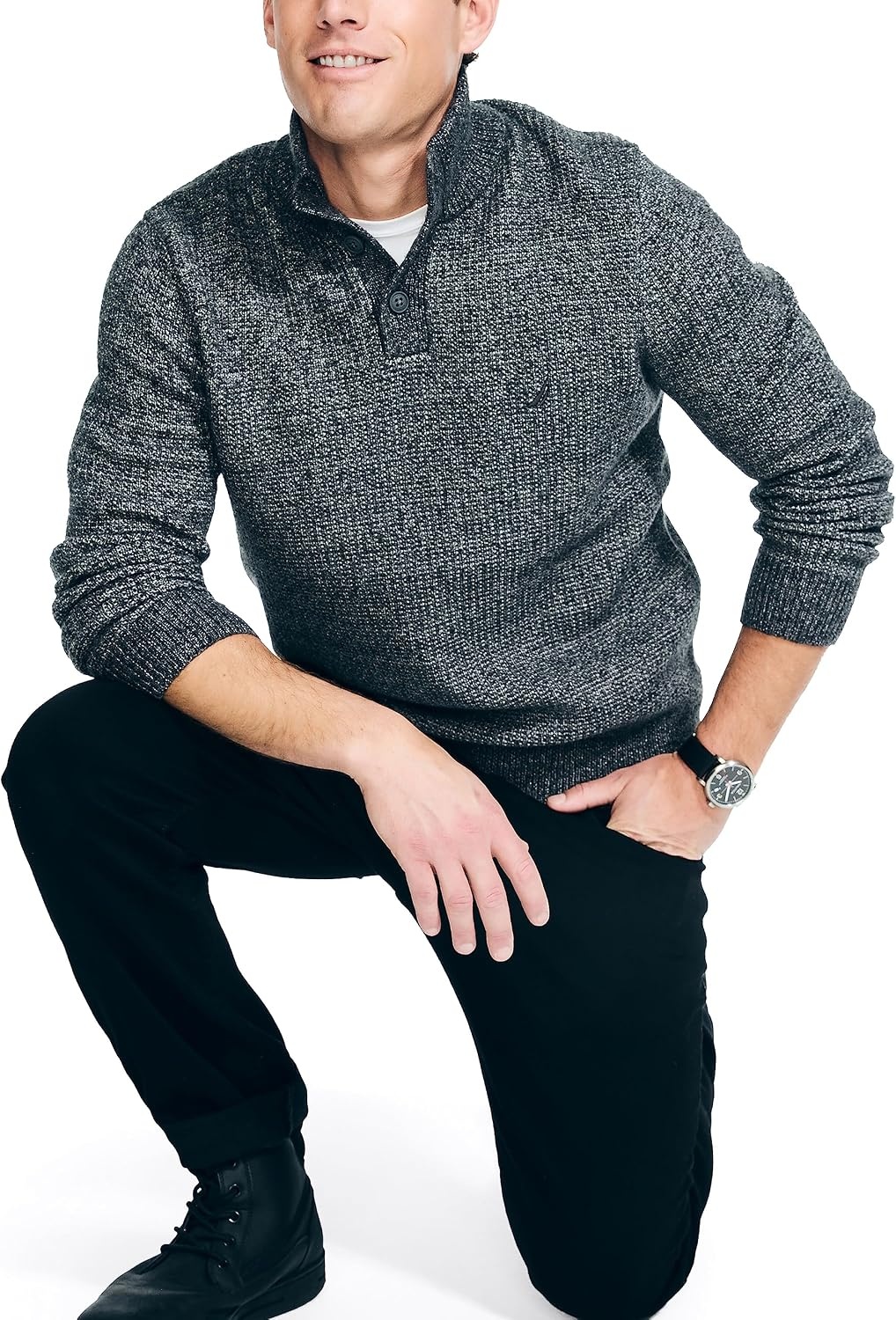 image:imageNautica Mens Nautica Sustainably Crafted Waffle MockNeck SweaterCharcoal Heather